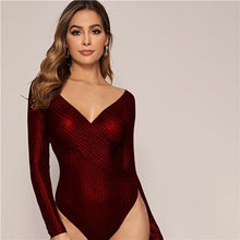 Load image into Gallery viewer, SHEIN Navy Cross Wrap Front Glitter Bodysuit Women Spring Stretchy Long Sleeve V-neck Mid Waist Skinny Glamorous Bodysuits