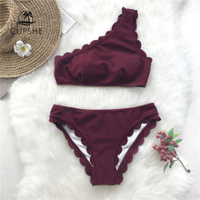 Load image into Gallery viewer, CUPSHE Burgundy Solid Tank Bikini Set Women Wavy Edge One shoulder Plain Swimwear 2020 Summer Sexy Girl Beach Slim Swimsuits
