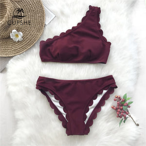 CUPSHE Burgundy Solid Tank Bikini Set Women Wavy Edge One shoulder Plain Swimwear 2020 Summer Sexy Girl Beach Slim Swimsuits